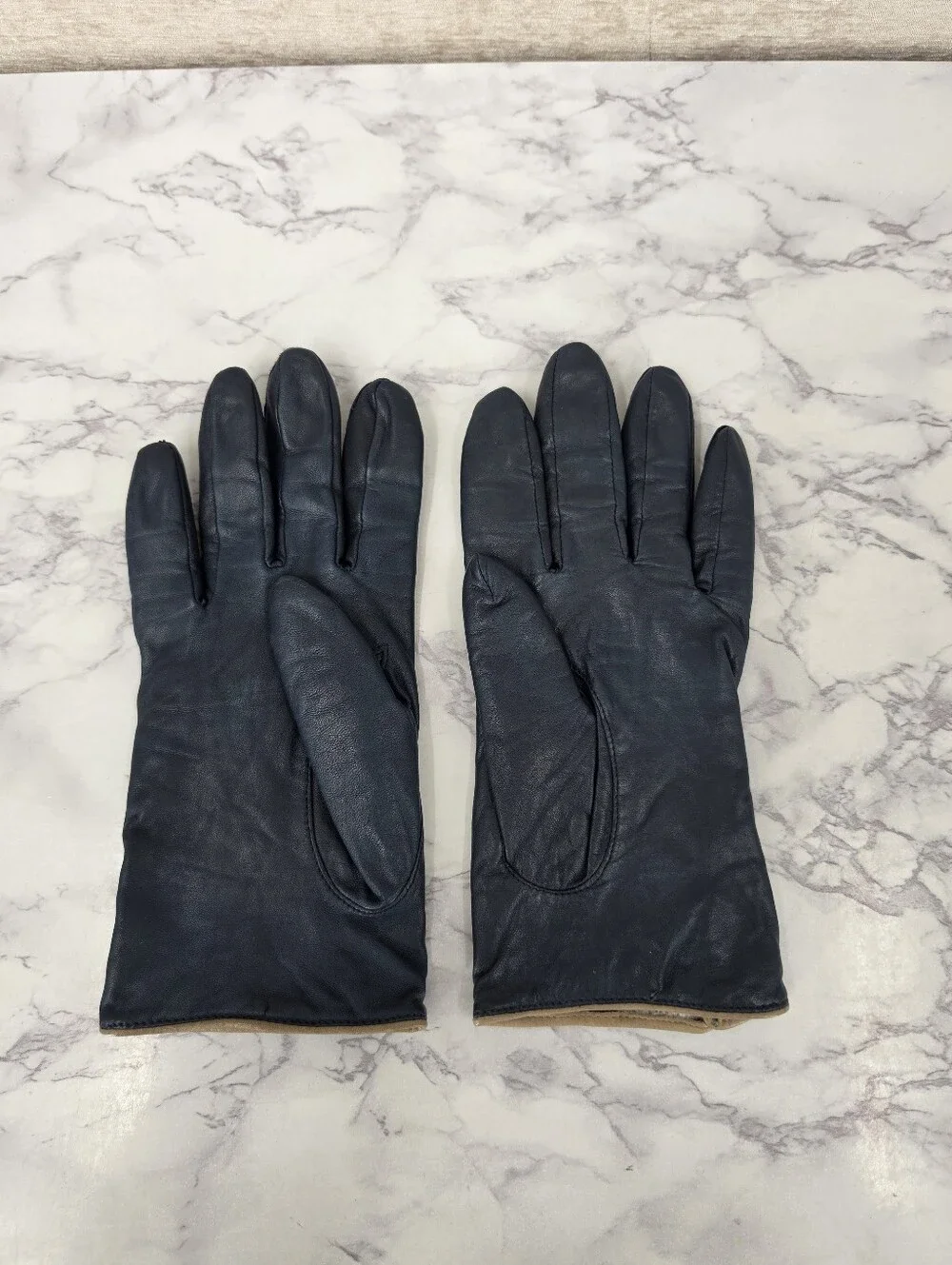 Vintage Navy Leather Short Driving Gloves with Taupe Button Detail and Trim